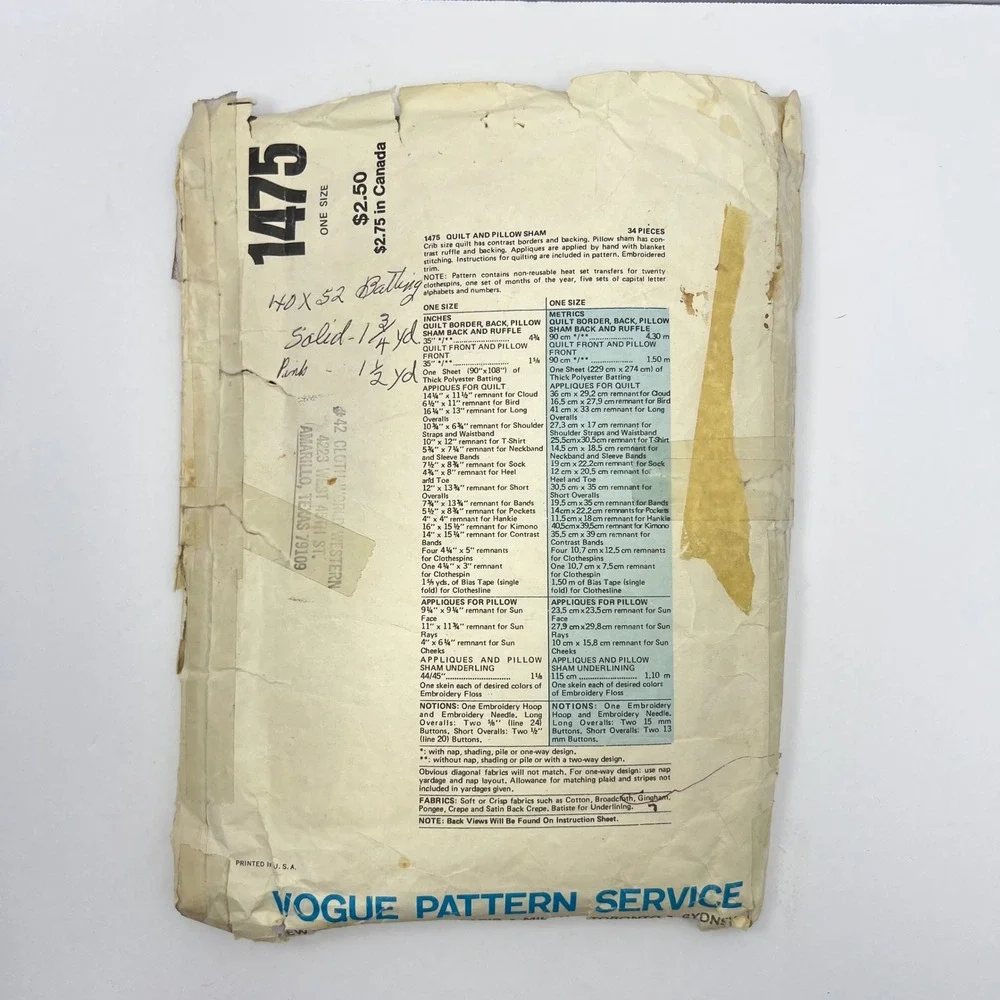 70s Little Vogue Crib‎ Quilt Pillow Sham Sewing Pattern 1475 Vintage Nursery DIY